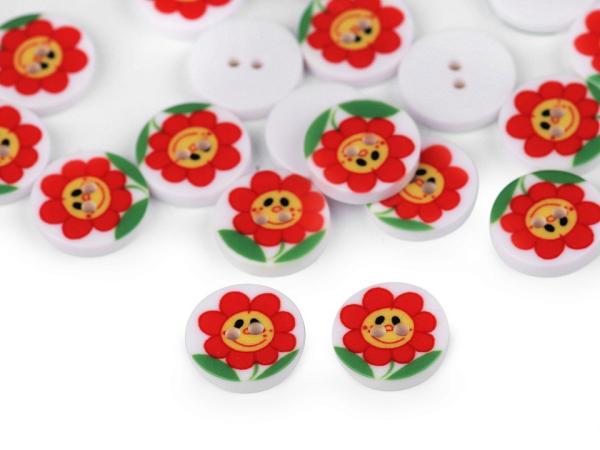 Kinderknopf 2-Loch Kunststoff mit Blume Ø 12,8mm Rot